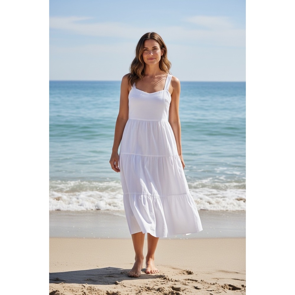 Umgee USA White Cotton Tiered  Dress Tie Back Square Neck Small NWT Romantic